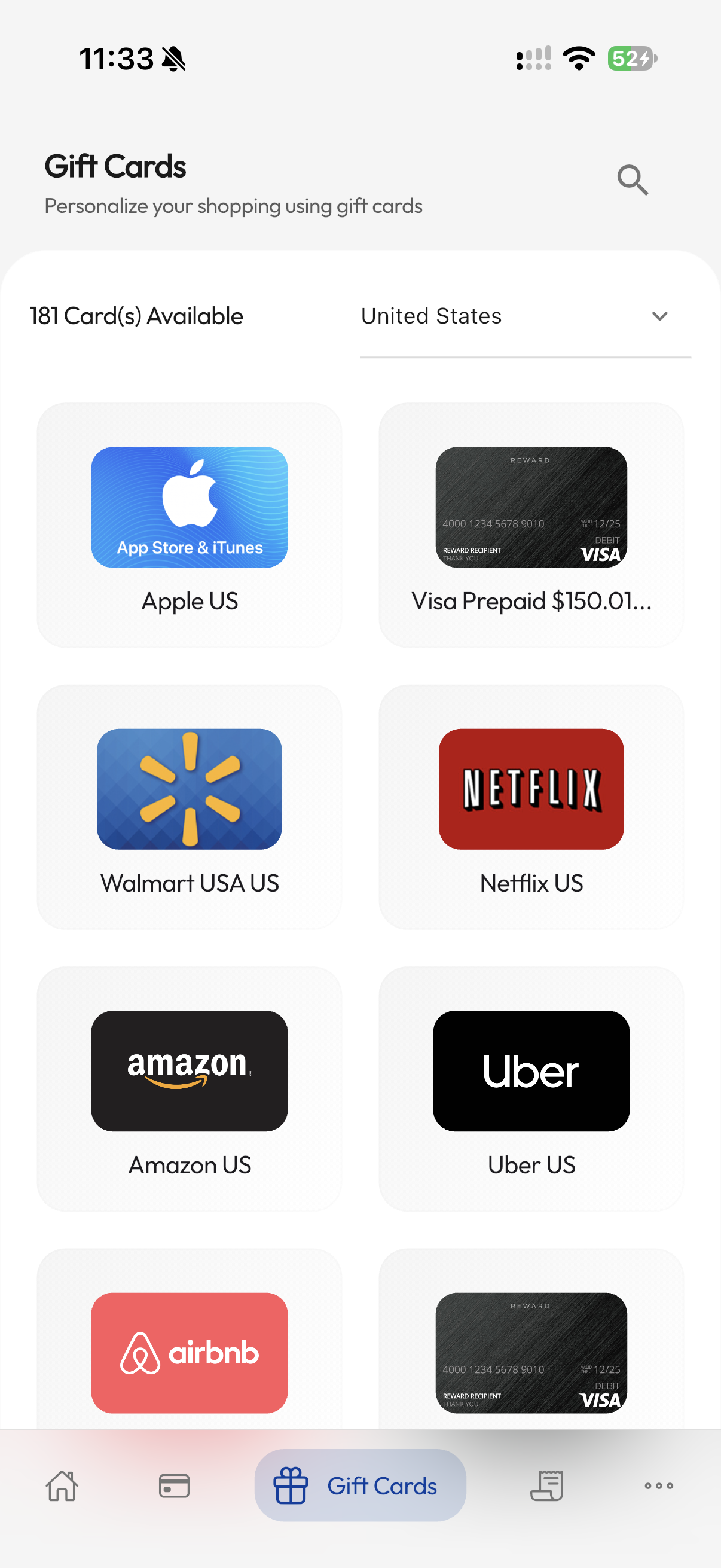Show Gift Cards page
