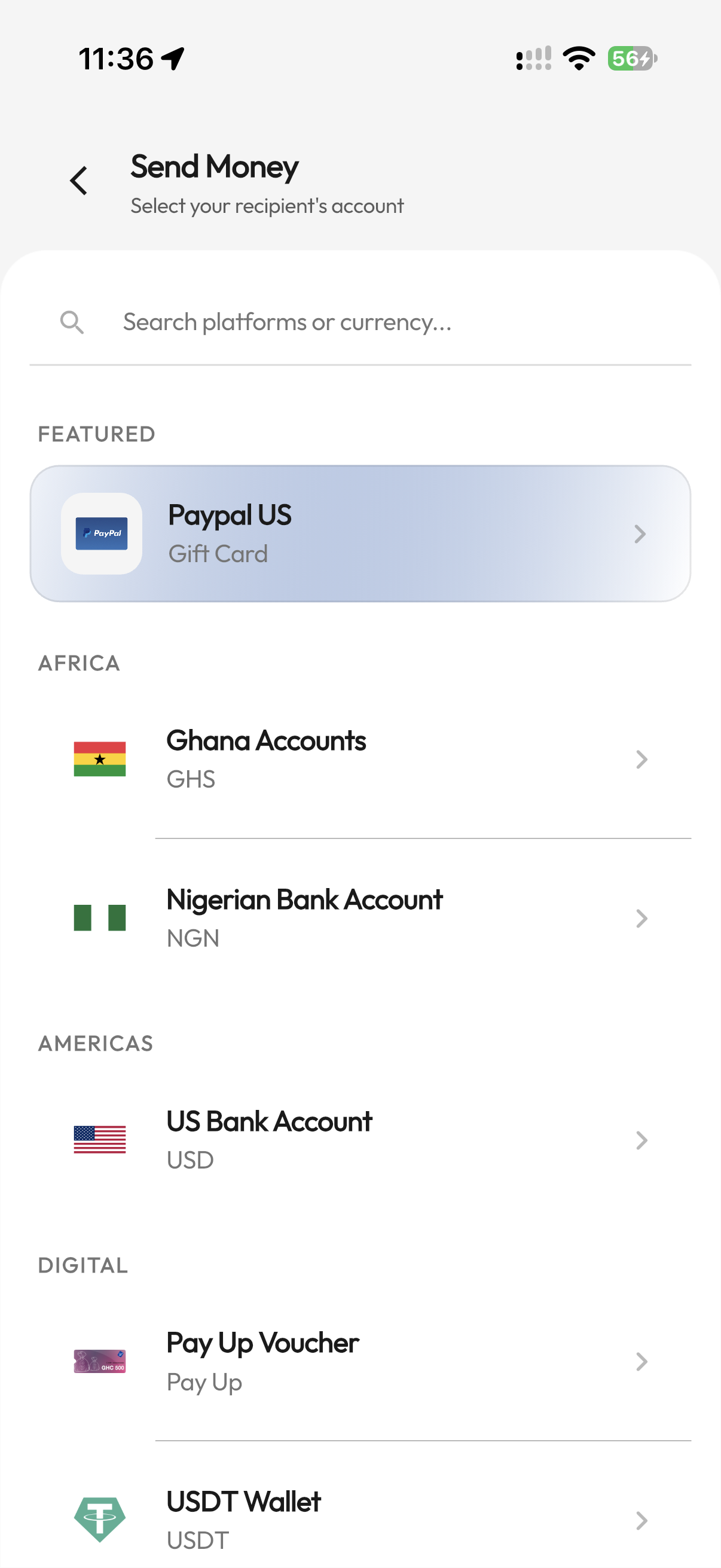 Show Send Money page