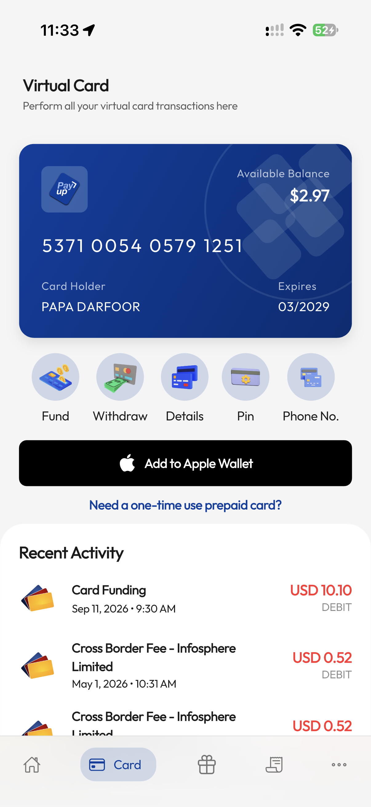 Show Virtual Cards page